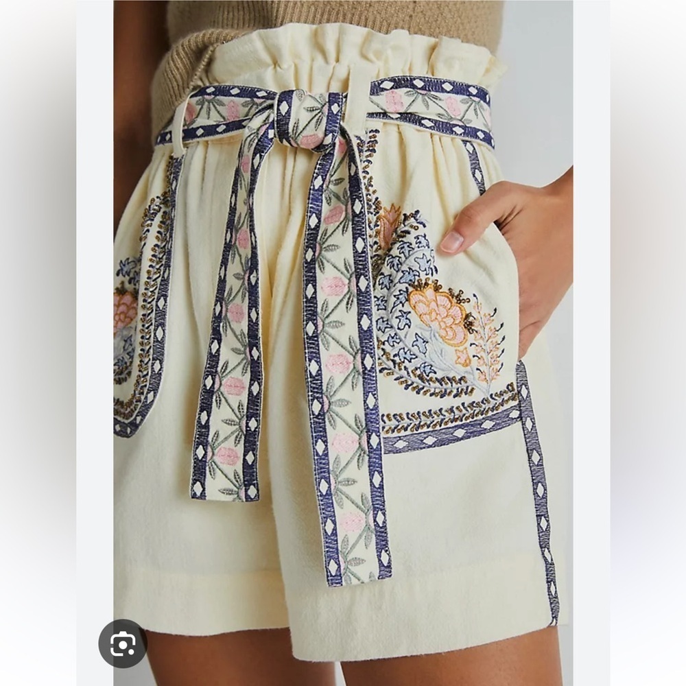 Anthropologie Cream High-Waist Embroidered Shorts with Blue & Pink Accents